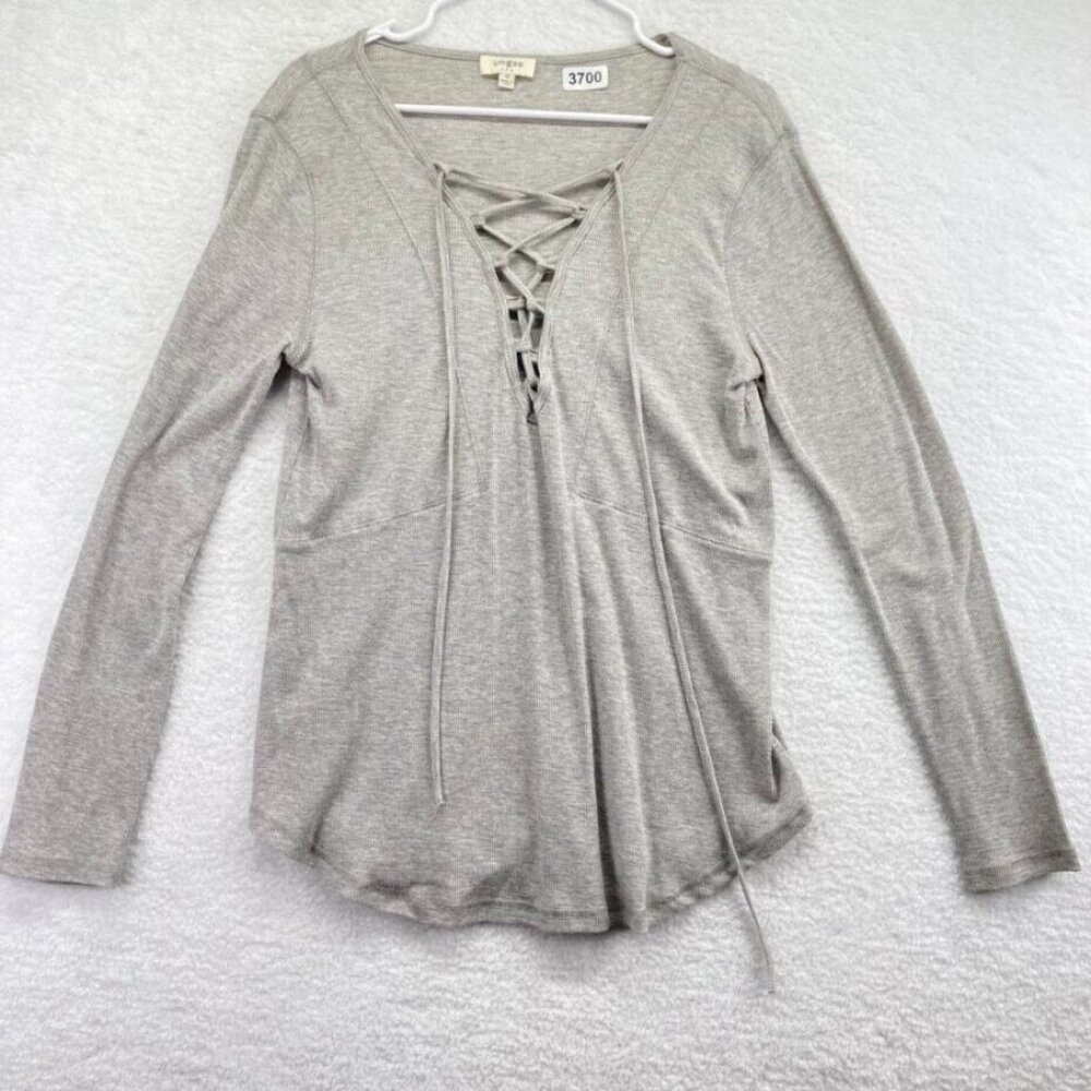 Umgee Womens Lace Up Shirt Size Medium Light Gray Ribbed Long Sleeve Stretch